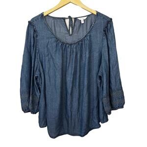 LC‎ Lauren Conrad Blue Chambray Top 2X Long Sleeves Boho Lace Pleated Peasant